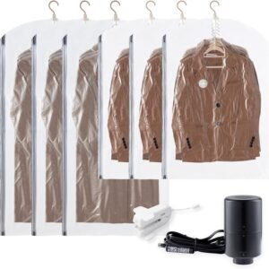 Hanging Vacuum Storage Bags with Electric Pump and Rolling Clips, 6-Pack