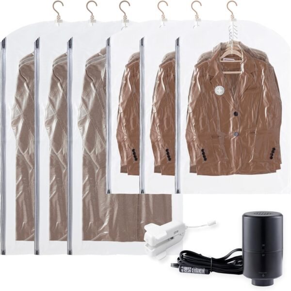 Hanging Vacuum Storage Bags with Electric Pump and Rolling Clips, 6-Pack