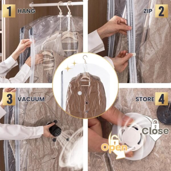 Hanging Vacuum Storage Bags with Electric Pump and Rolling Clips, 6-Pack - Image 3